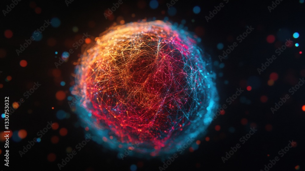 Poster a vibrant sphere of dots and lines on a dark background showcases intricate digital connections
