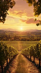 Idyllic Vineyard Path at Sunset &ndash; Stunning Golden Hour Landscape Photography, Scenic Wine Country View for Travel & Nature Lovers