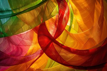 Fototapeta premium Colorful translucent fabrics intertwining in sunlight, creating a vibrant abstract pattern