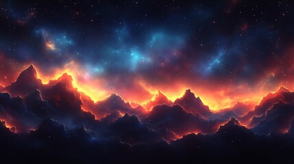 Fototapeta premium Fiery Mountains Under a Starry Cosmic Sky