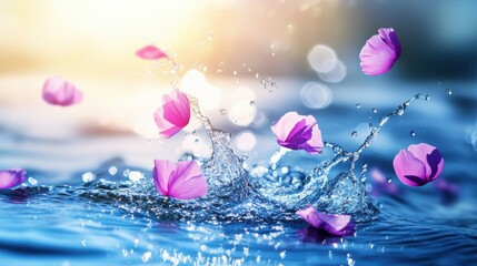 Vibrant Water Splash with Floating Petals, Capturing Joy and Celebration in Motion