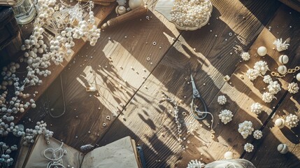 A serene crafting workspace with scattered beads, tools, and an open book under soft sunlight