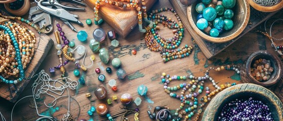 Colorful assortment of beads and jewelry-making tools on a rustic wooden table, showcasing creativity