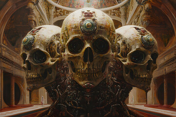 Sci-fi painting of human assimilation into religious medical theocracy run by malevolent bizarre Alien Church of Posthumanism priesthood, featuring genetic assimilation, mass mind control.