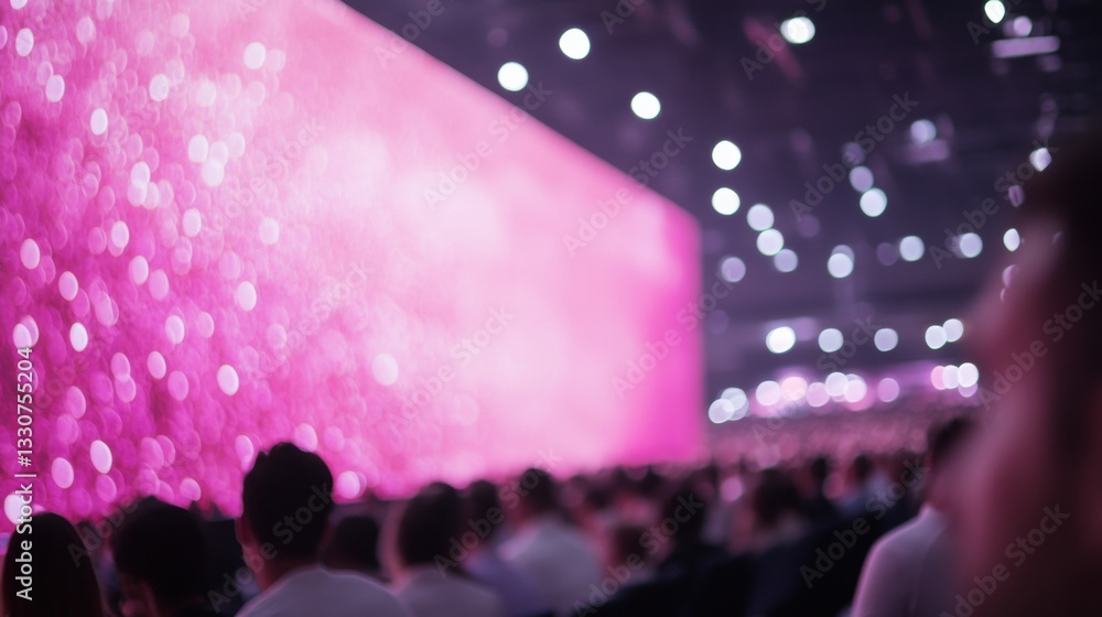 Poster a crowd is captivated by a dazzling pink light display on a large screen during a technology event a
