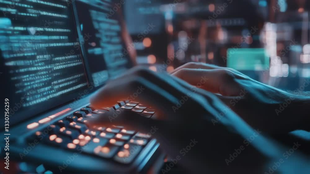 Poster professional software developer typing intensely on laptop keyboard in dimly lit tech environment, s
