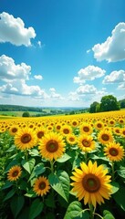 Vast sunflower field, azure sky Serene summer landscape , bright, sunflowers