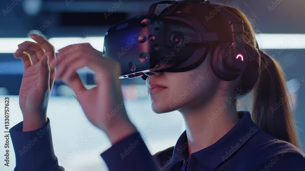 Poster software engineer wearing virtual reality headset interacts with a digital interface, exploring augm