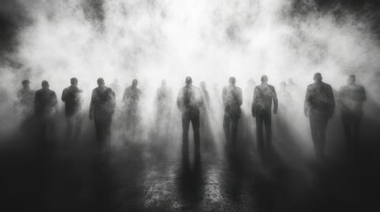 Silhouetted figures emerge from dense fog, creating a mysterious and ominous atmosphere