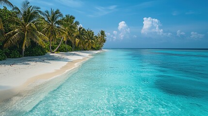 Fototapeta premium Tropical Paradise Beach with White Sand, Turquoise Ocean, Palm Trees, and Blue Sky, Perfect Travel Destination