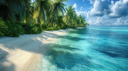 Tropical Paradise Beach with White Sand, Turquoise Ocean, Palm Trees, and Blue Sky, Perfect Travel Destination