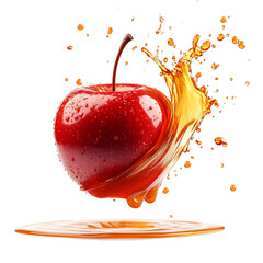 A Bright Red Apple Floating Mid Air with Drizzling Liquid Isolated on Transparent Background