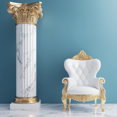 White and Gold Chair in front of blue wall and pillar
