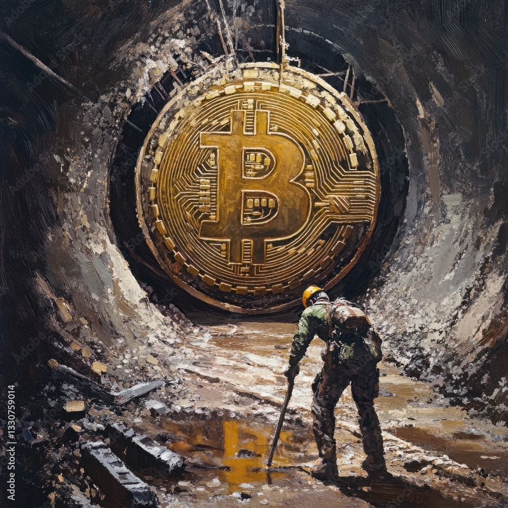 Poster underground scene of a worker finding bitcoin symbol in a tunnel, depicting cryptocurrency mining an