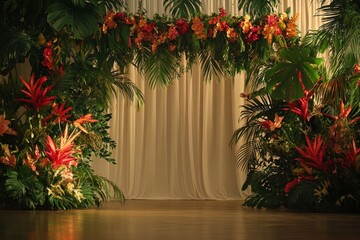 An elegant stage decorated with lush tropical foliage and flowers