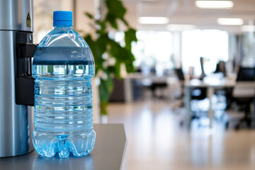 A large blue water bottle stands beside a cooler, adding a refreshing touch to the sleek and bright office environment filled with workstations Generative AI