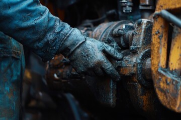 A worker in a blue jacket and gloves inspects a rusty engine, showing determination while dealing with grease and dirt in a busy workshop Generative AI