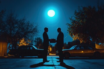 Romantic couple walking under a full moon in a quiet park