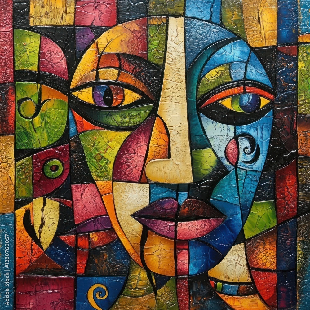 Poster abstract colorful face representation in cubist style with geometric shapes and bold colors, ideal f