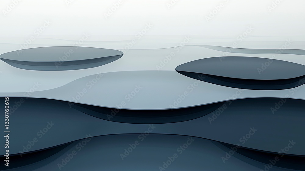 Poster abstract 3d rendering of wavy, layered surfaces in shades of blue and gray, creating a fluid, dynami