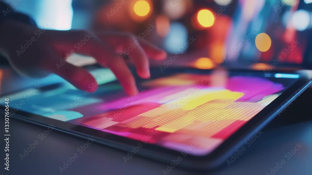 Poster close up of musician hands tapping colorful digital interface on tablet, composing electronic music 