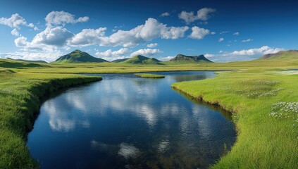 Fototapeta premium Serene Landscape with Lush Green Field, Clear Blue Water, Majestic Mountains, and Fluffy White Clouds under a Bright Sky in Icelandic Nature