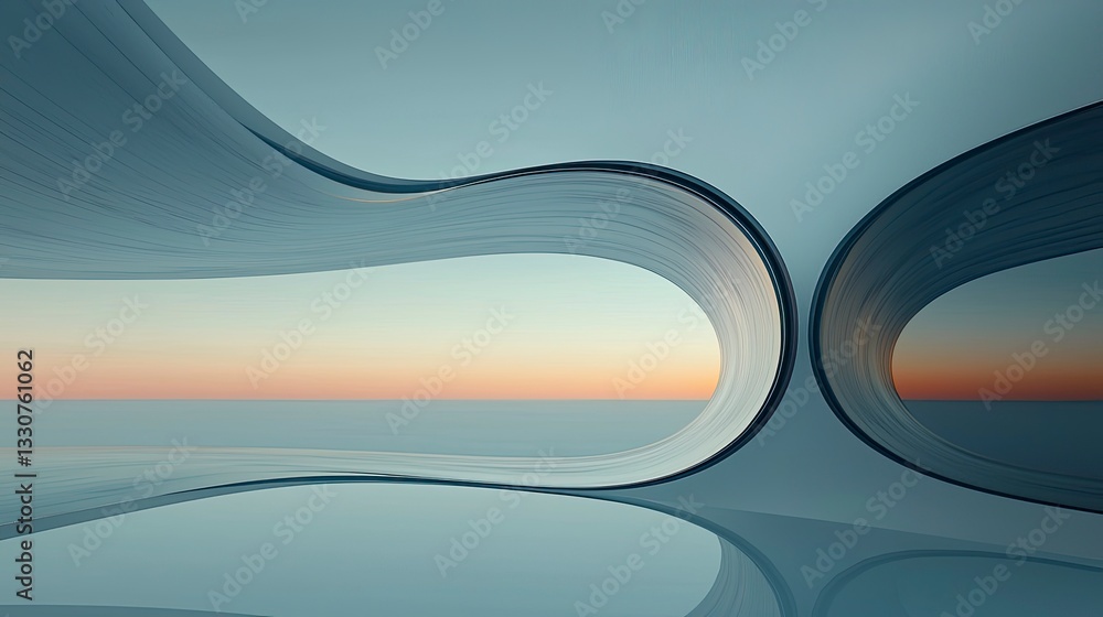 Poster abstract architectural rendering with curved, flowing shapes creating a tunnel-like structure, showc