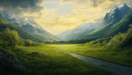 Serene Landscape with Lush Green Valley and Majestic Mountains Under Cloudy Sky at Golden Hour in a Picturesque Nature Setting