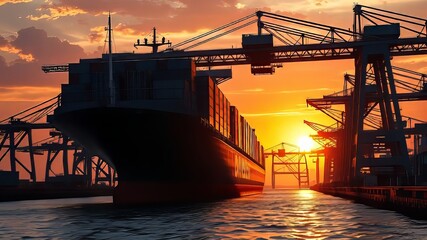 Cargo Ship Crane Sunset Shipyard Logistics Transportation