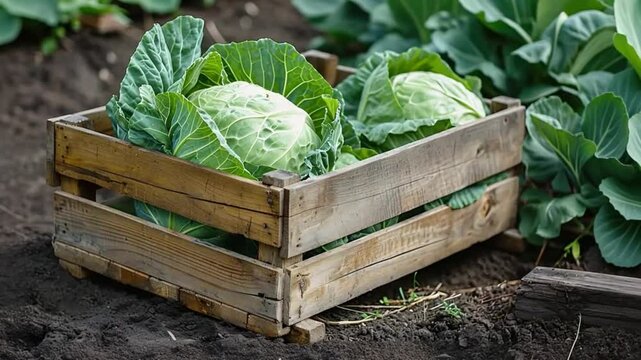Ripe cabbages are placed inside a wooden crate, ready for transport or storage, showcasing the bounty of a successful harvest