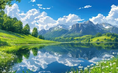 Fototapeta premium Serene Landscape with Majestic Mountains, Lush Green Hills, Tranquil Lake, and Beautiful Clouds Under Bright Blue Sky