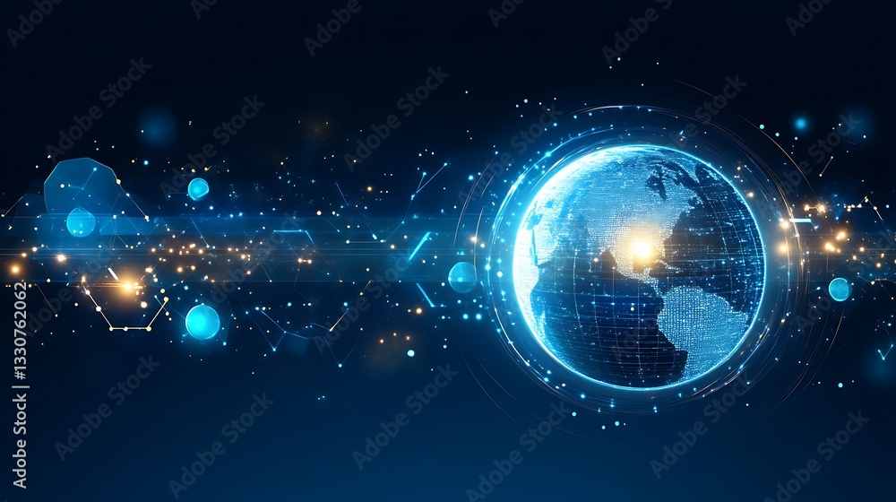 Poster digital visualization of the earth surrounded by connecting network lines