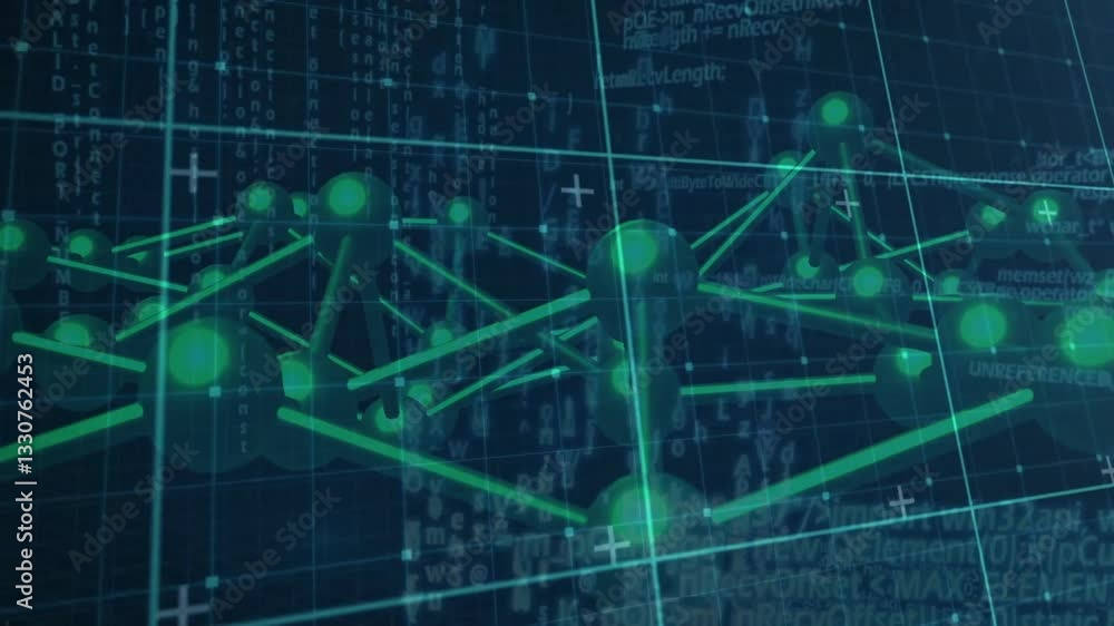 Poster animation of green molecular structure with binary code on digital grid background