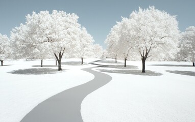 Fototapeta premium Snow Covered Cherry Blossom Trees in a Serene Winter Park