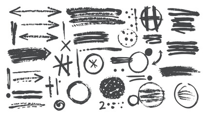 Hand-drawn brush stroke shapes with abstract doodles, grunge texture, and sketch elements. Black ink scribbles, arrows, zigzags, circles, and rough crayon effects for creative design.  

