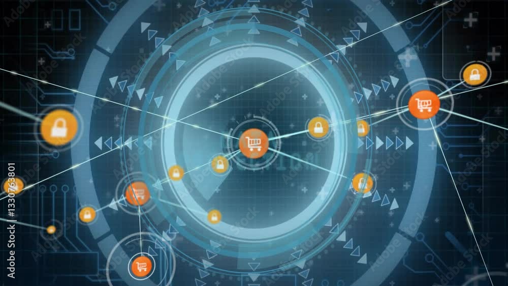 Poster digital shopping cart icons connected in futuristic network interface animation