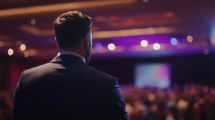 Fototapeta premium Corporate Conference Engagement - Blurred Speaker Addressing Large Audience in Professional Setting