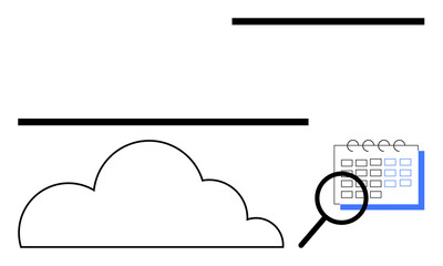 Cloud icon, magnifying glass over calendar emphasizing organization, access, planning, and analysis. Ideal for data storage, productivity, technology research business workflows. Flat simple