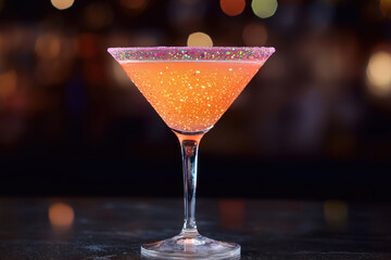 sparkling peach martini with a sugared rim and citrus garnish, served in a glamorous setting