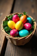 Brightly colored eggs nestled in a basket, wooden surface , texture, rustic