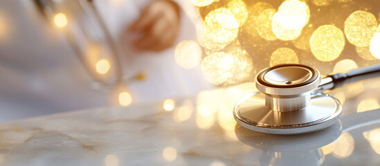 Close-up of a stethoscope on a marble surface with warm golden lights in the background.