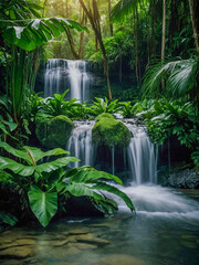 Verdant tropical waterfall surrounded by lush greenery.