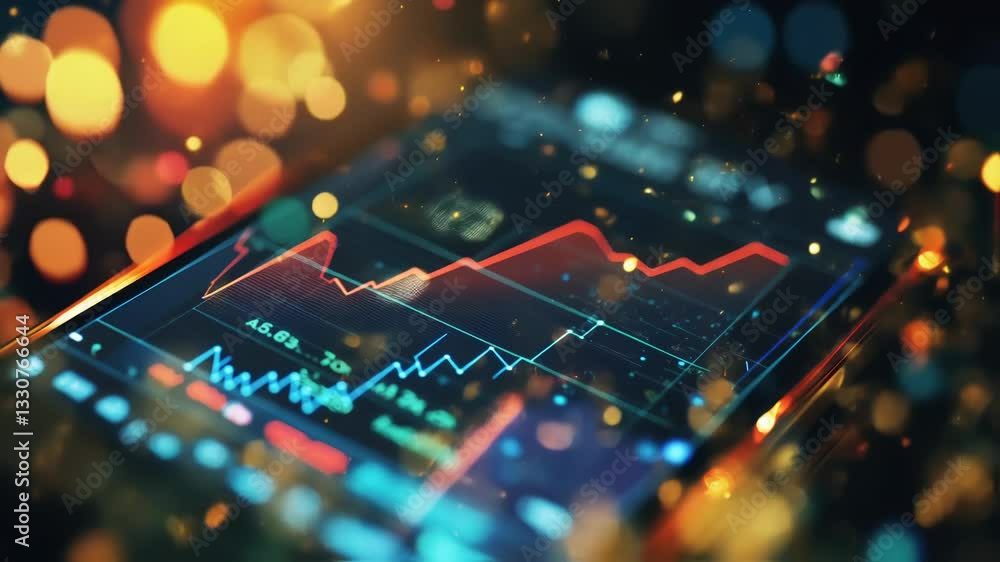 Poster glowing particles swirling dynamically around smartphone screen, visualizing stock market data with 