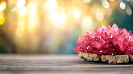 Pink crystals sit on a sturdy wooden surface, illuminated by warm sunlight that creates a calming atmosphere in a natural setting