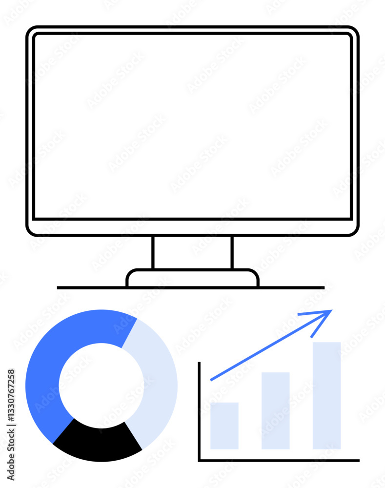 Poster monitor displaying data focus, with pie chart and bar graph suggesting analysis, statistics, and gro
