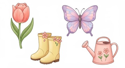 Spring gardening elements: tulip, butterfly, yellow boots, and watering can with floral decorations