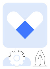 Heart-shaped pill conveys health, machinery symbolizes technology, hands folded in prayer symbolize faith and healing. Ideal for healthcare, innovation, faith, wellness, teamwork, empathy modern