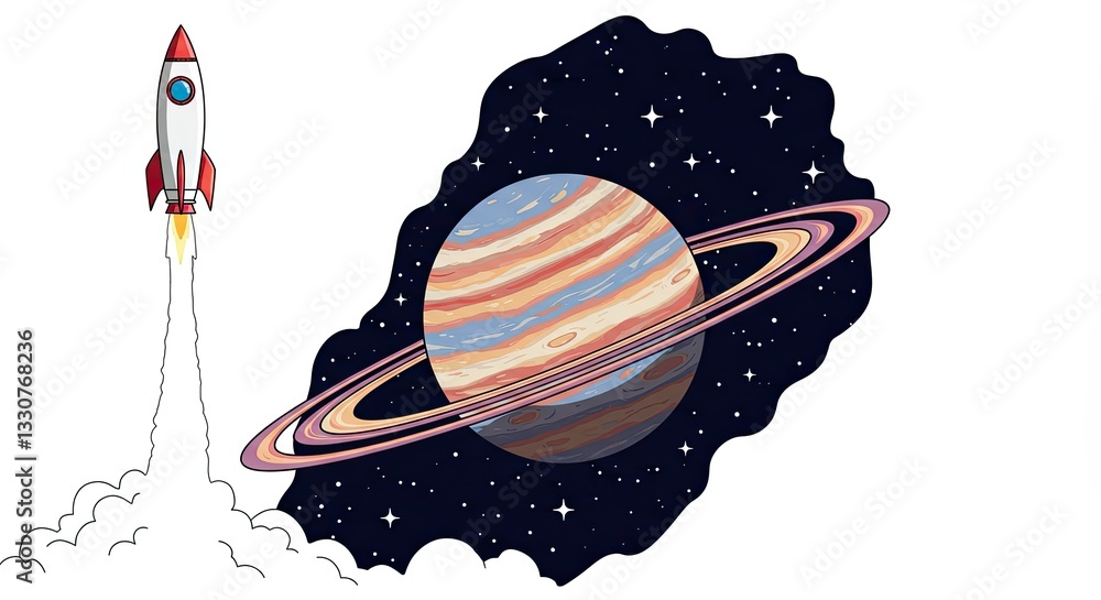 Poster retro rocket launching into space with saturn in the background