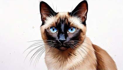 Retrato artístico de un gato Siamés con detalles en tinta y acuarela