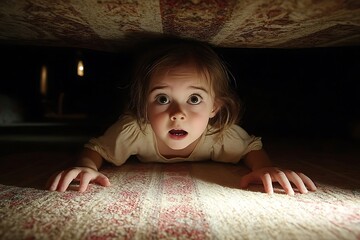 Fototapeta premium Girl Peeking From Under Bed In Nighttime Bedroom